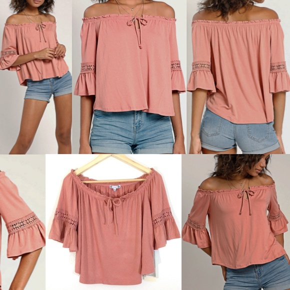 iris Tops - Crochet-Trimmed Bell-Sleeve Off-The-Shoulder Top